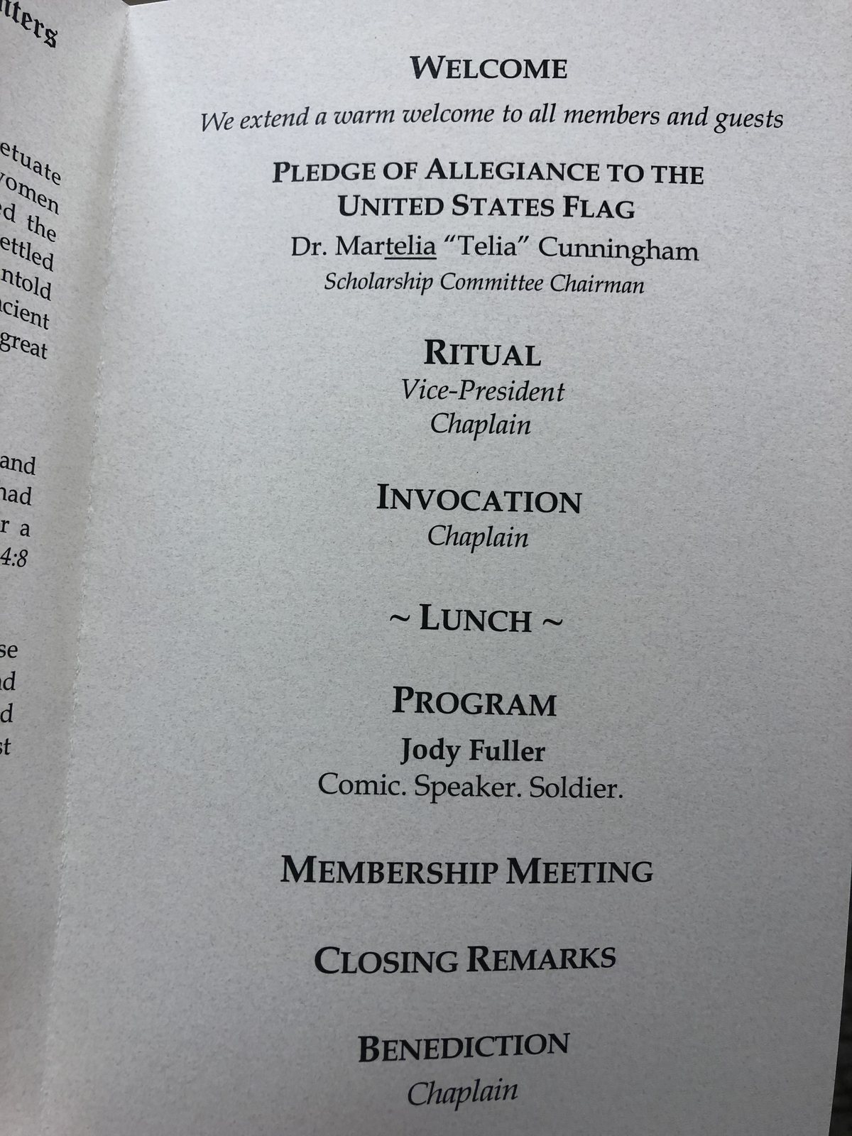 Printed Ancient Planters luncheon program listing the Program as Jody Fuller, Comic. Speaker. Soldier., followed by the membership meeting