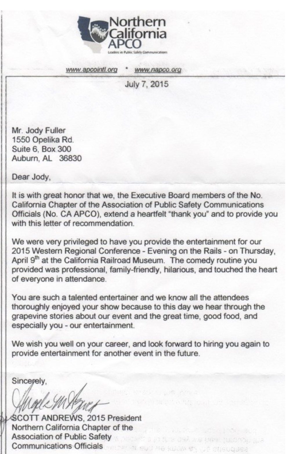 Letter of recommendation for Jody Fuller on Northern California APCO letterhead signed by Scott Andrews, 2015 President, dated July 7, 2015