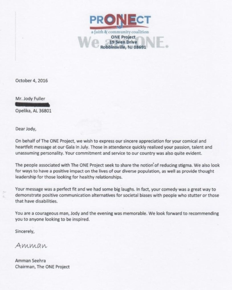 Letter of appreciation for Jody Fuller on The ONE Project PRONECT letterhead from Amman Seehra, Chairman, dated October 4, 2016