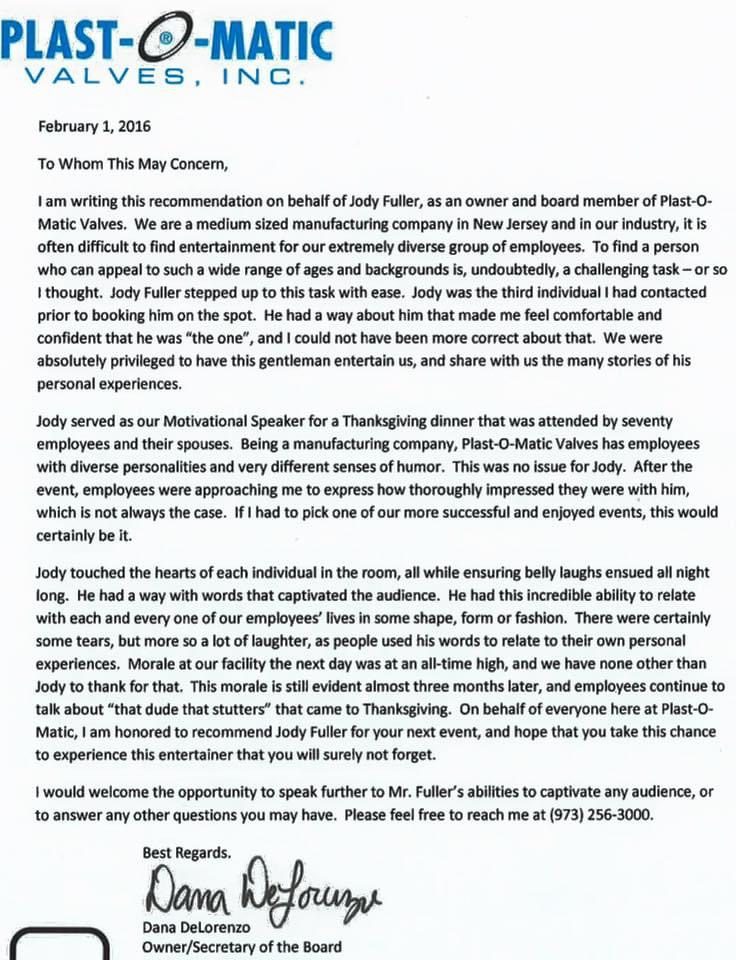 Recommendation letter for Jody Fuller on Plast-O-Matic Valves, Inc. letterhead signed by Dana DeLorenzo, Owner and Secretary of the Board, dated February 1, 2016