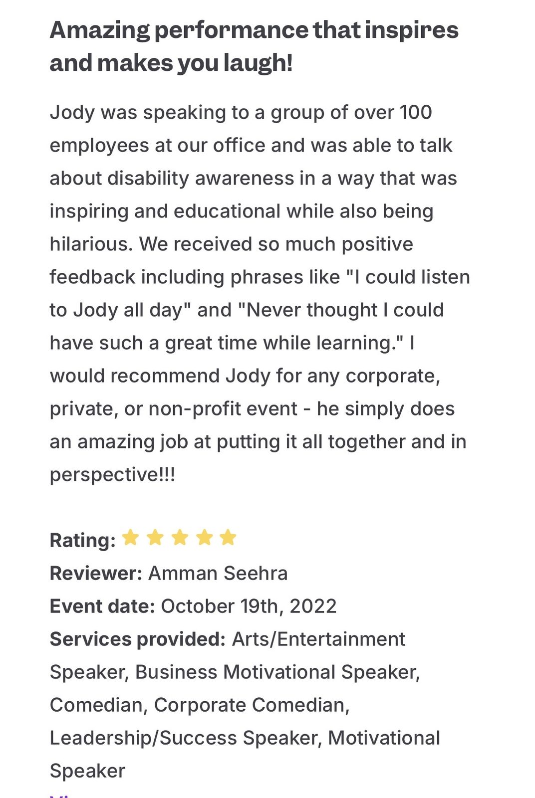 Five-star GigSalad review titled Amazing performance that inspires and makes you laugh, from reviewer Amman Seehra, event date October 19, 2022