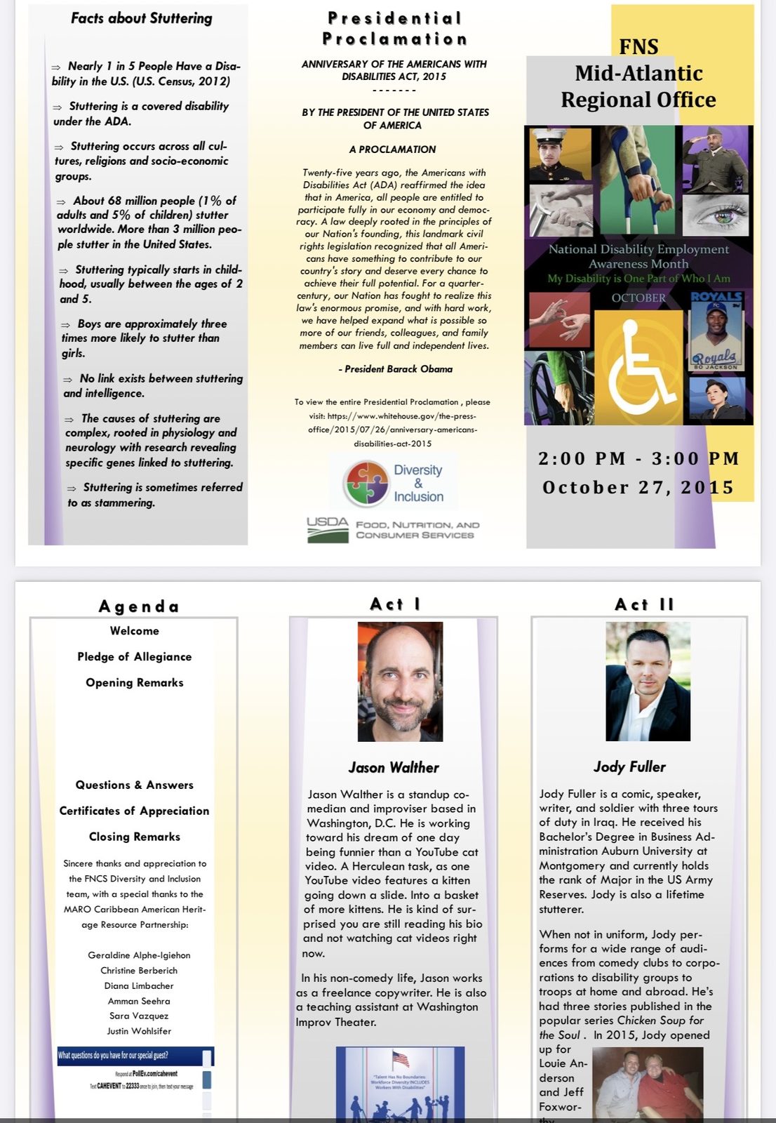 USDA FNS Mid-Atlantic Regional Office event brochure for October 27, 2015 with facts about stuttering, the agenda and a bio of Jody Fuller as Act II